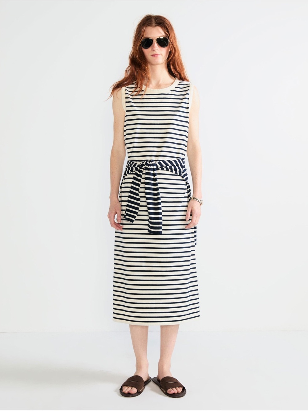 KULE Navy Blue & Cream Striped The Tank Sleeveless Midi Dress - Large